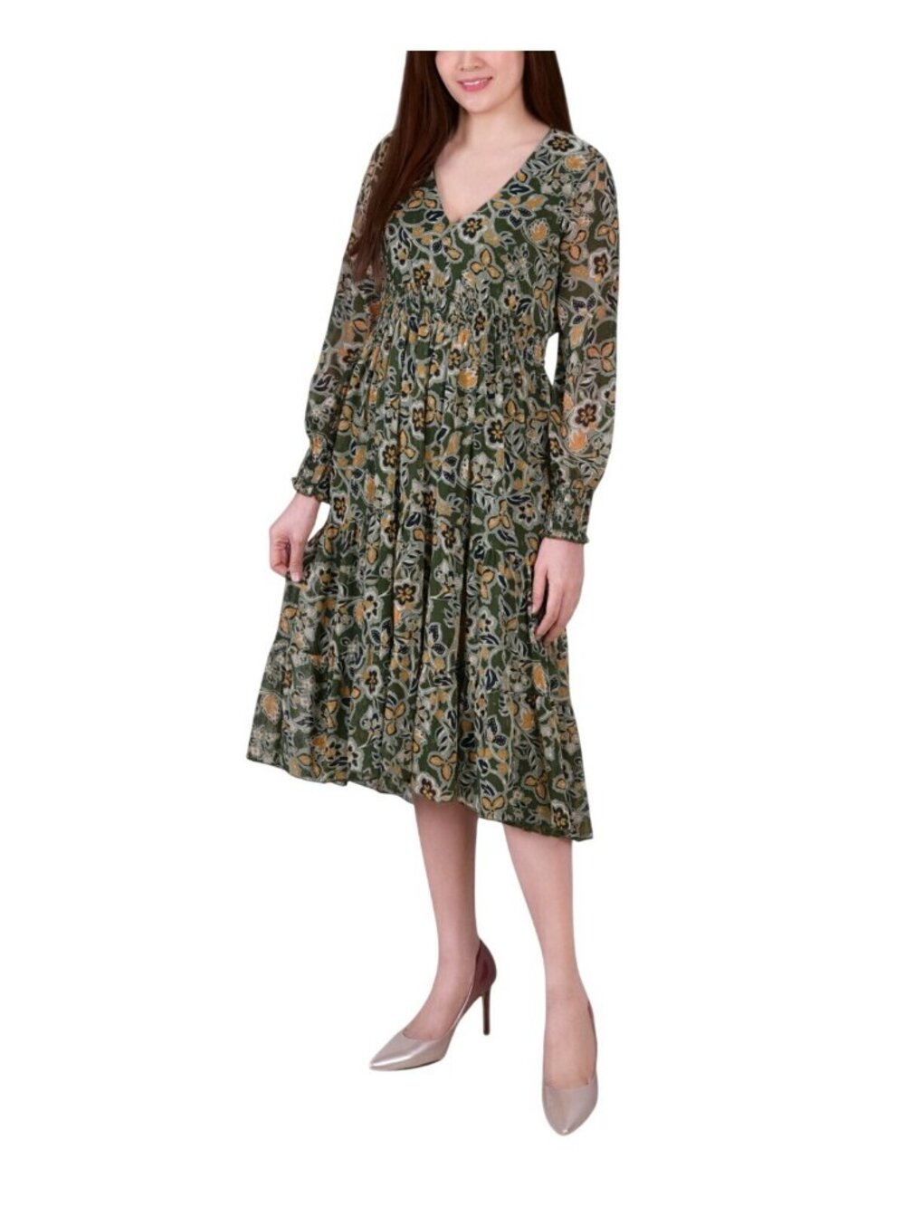 NWT Ny Collection Clip Dot Chiffon Dress with Smocked Waist Olive Green XL